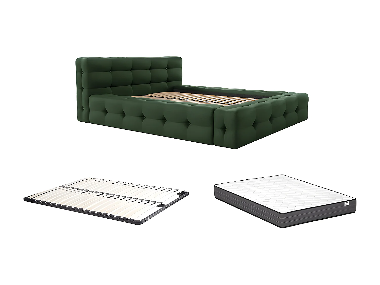 Lit capitonné 160 x 200 cm - Tissu chiné - Vert sapin + Sommier + Matelas - LERUCO de Pascal Morabito