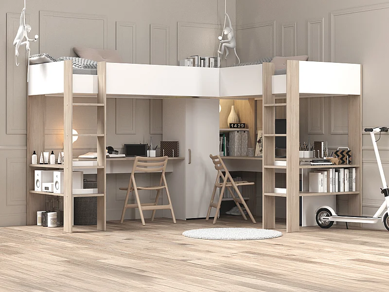 Double lit mezzanine d'angle 2 x 90 x 200 cm - Avec rangements et bureaux - Blanc et naturel + Matelas - LASCANO