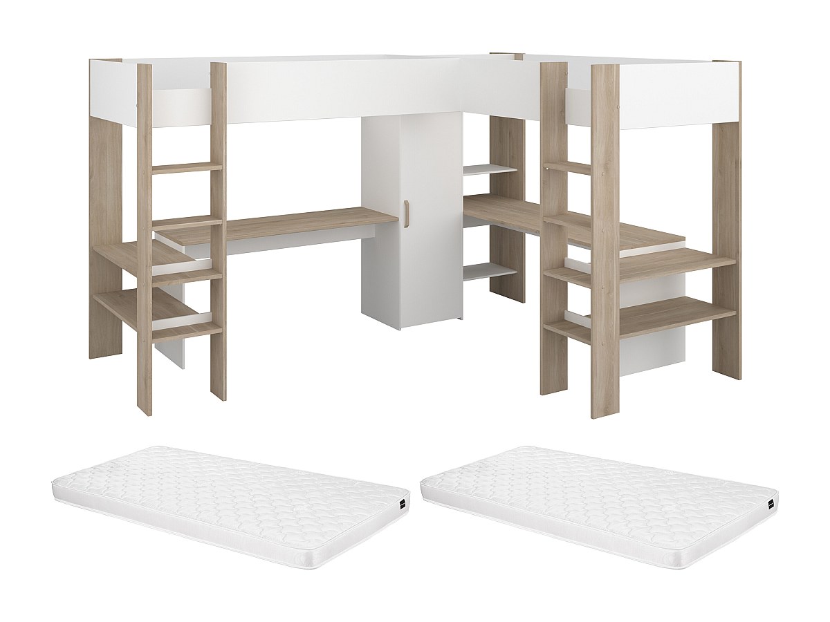 Doppel-Eckhochbett mit Stauraum & Schreibtisch + Matratze - 2 x 90 x 200 cm günstig online kaufen