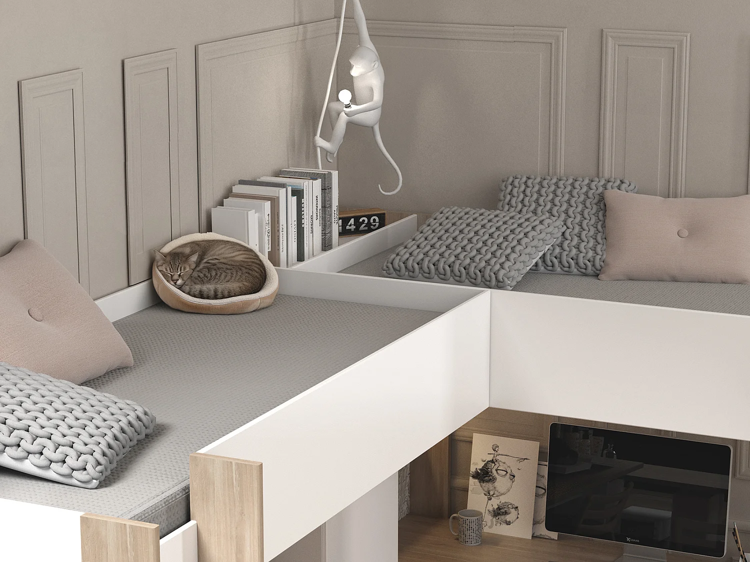 Hörnloft dubbelsäng 2 x 90 x 200 cm - Med förvaring och skrivbord - Vit och natur + Madrass - LASCANO