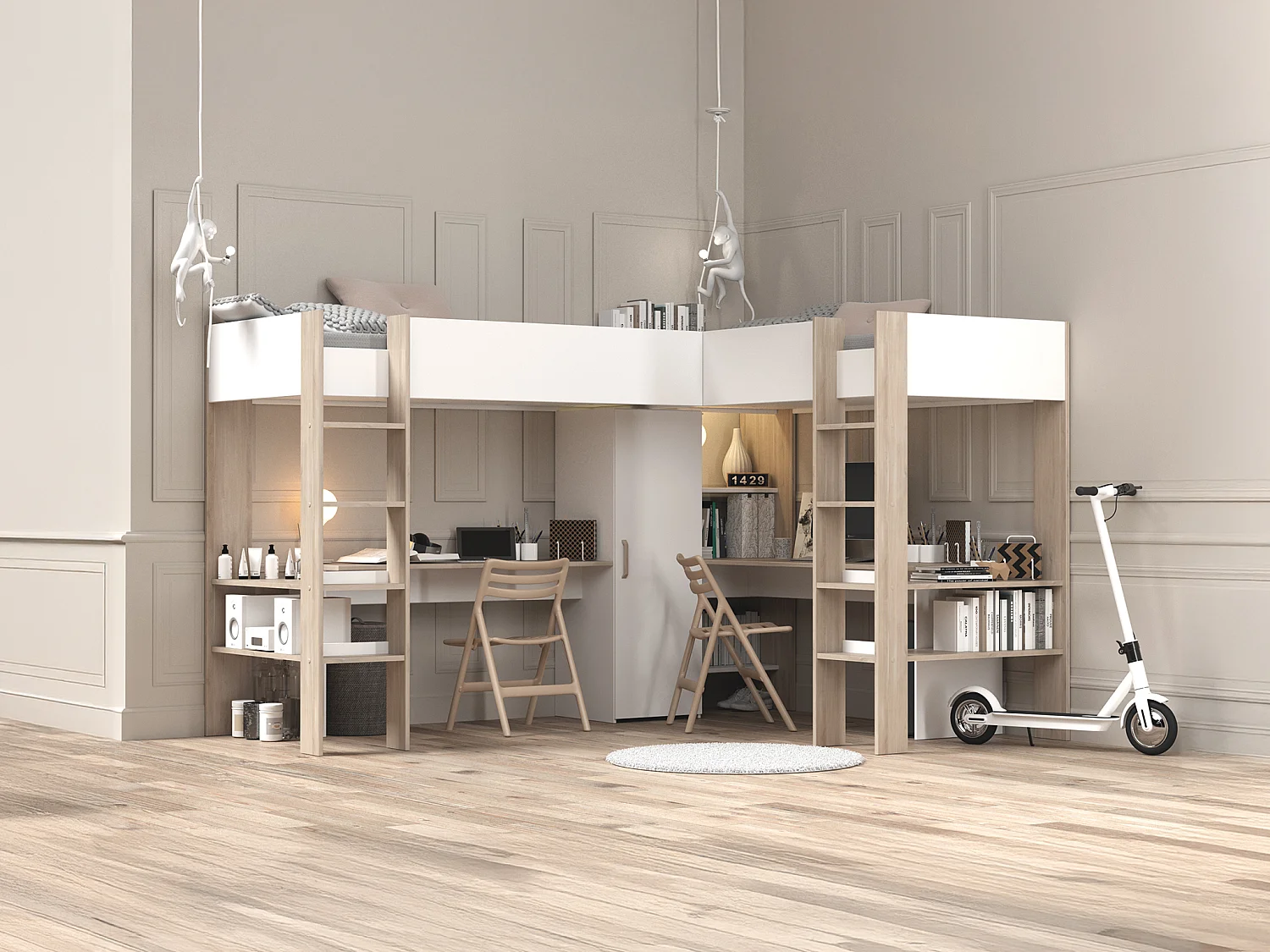 Double lit mezzanine d'angle 2 x 90 x 200 cm - Avec rangements et bureaux - Blanc et naturel + Matelas - LASCANO