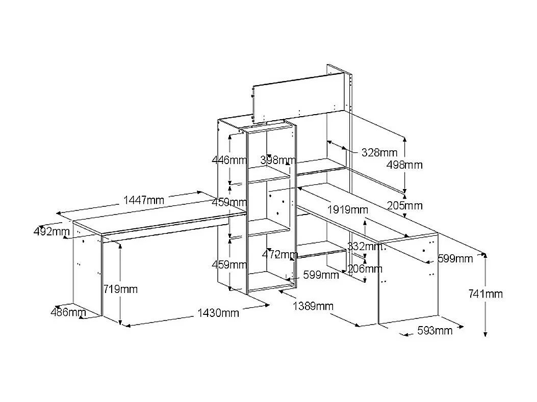 Hörnloft dubbelsäng 2 x 90 x 200 cm - Med förvaring och skrivbord - Vit och natur + Madrass - LASCANO
