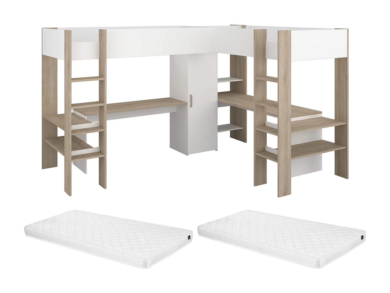 Hörnloft dubbelsäng 2 x 90 x 200 cm - Med förvaring och skrivbord - Vit och natur + Madrass - LASCANO