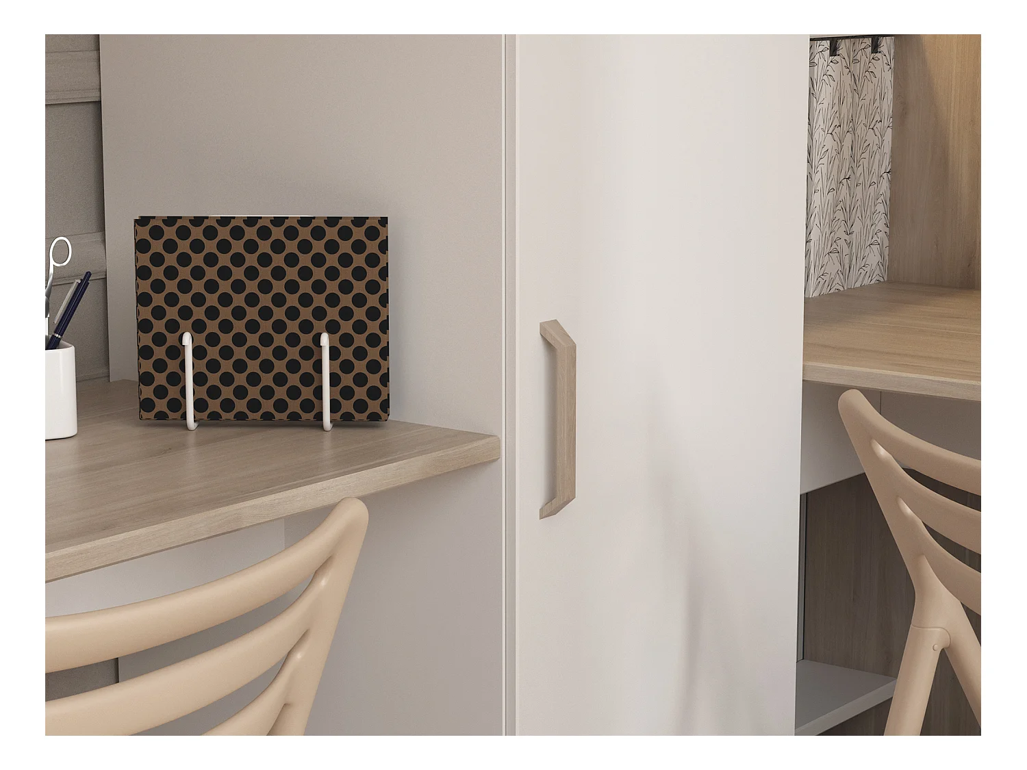 Letto matrimoniale angolare a soppalco 2x90x200 Con vani e scrivania Bianco e Naturale + Materasso  - LASCANO