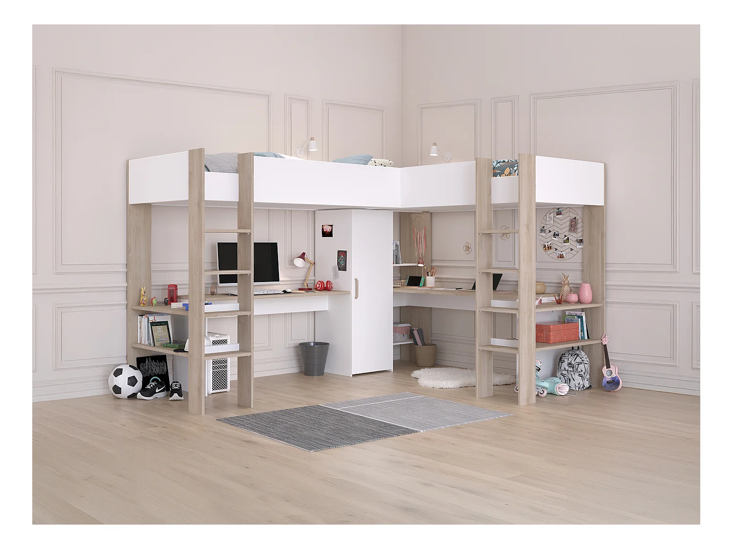 Letto matrimoniale angolare a soppalco 2x90x200 Con vani e scrivania Bianco e Naturale + Materasso  - LASCANO