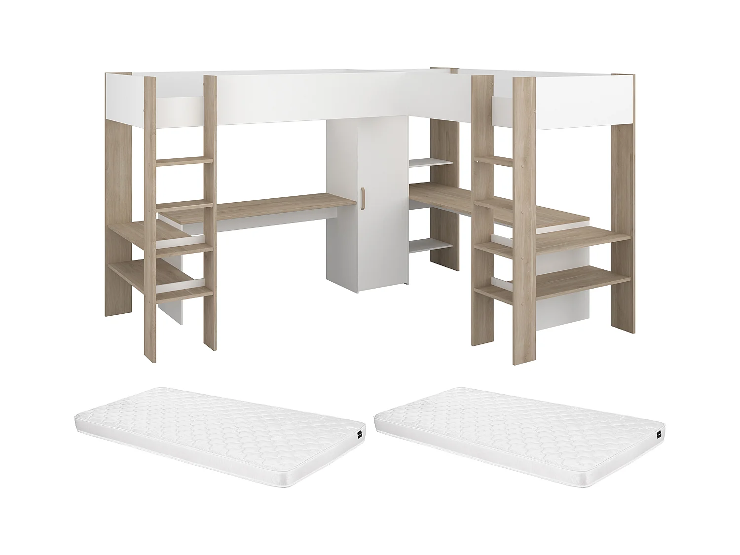 Letto matrimoniale angolare a soppalco 2x90x200 Con vani e scrivania Bianco e Naturale + Materasso  - LASCANO