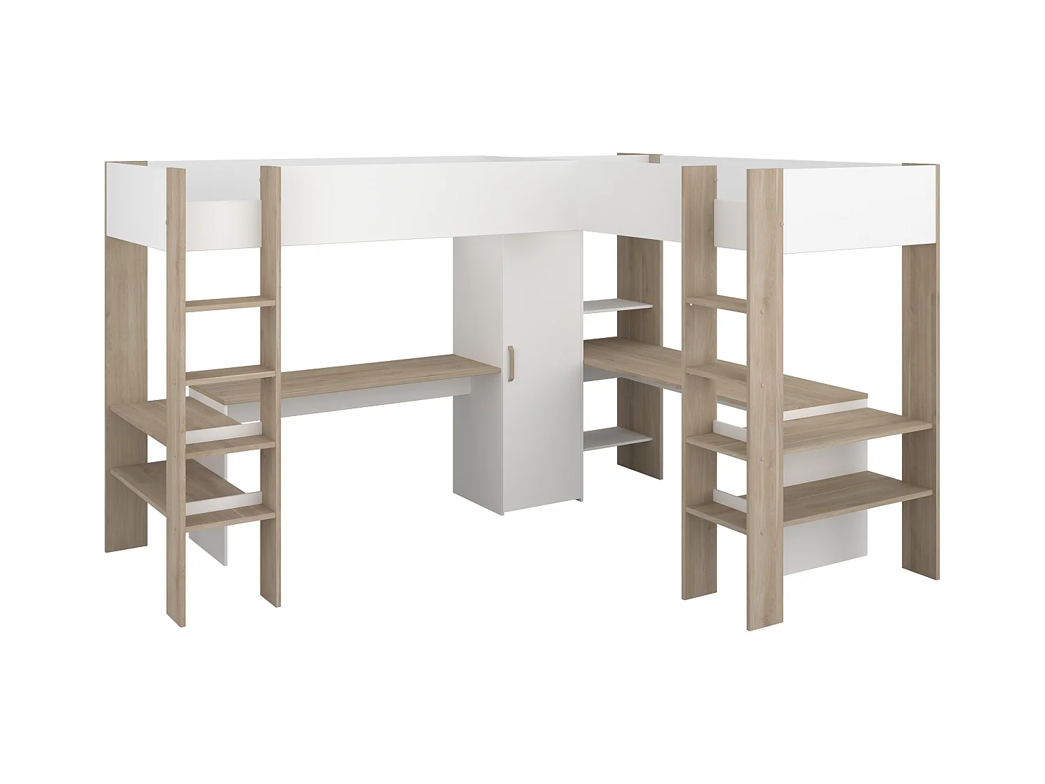 Letto matrimoniale angolare a soppalco 2x90x200 Con vani e scrivania Bianco e Naturale + Materasso  - LASCANO