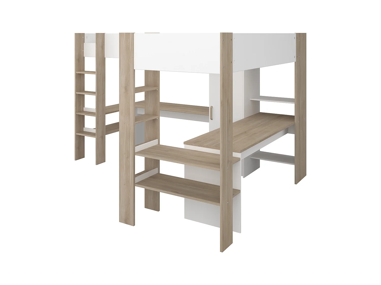 Letto matrimoniale angolare a soppalco 2x90x200 Con vani e scrivania Bianco e Naturale + Materasso  - LASCANO