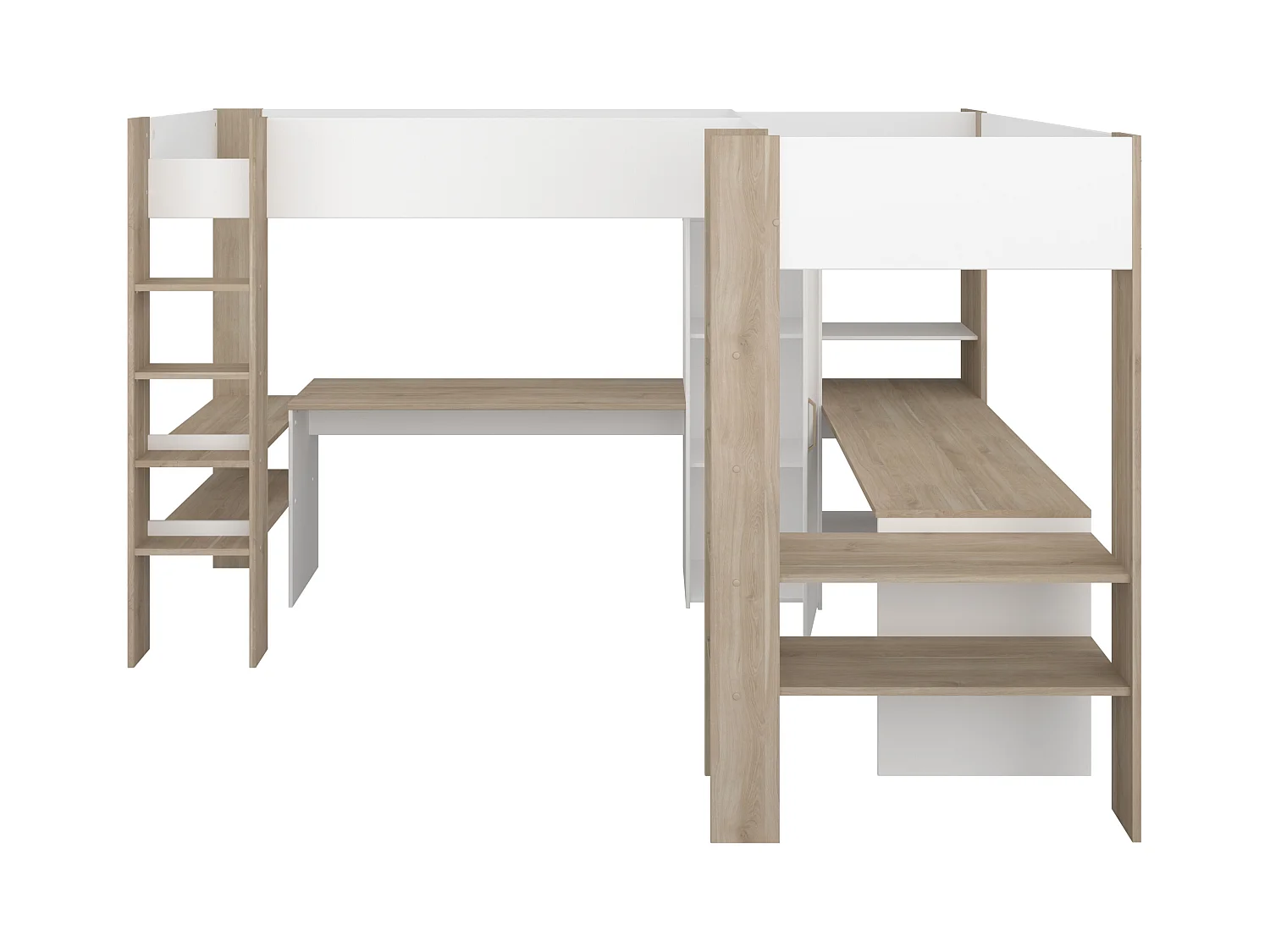 Letto matrimoniale angolare a soppalco 2x90x200 Con vani e scrivania Bianco e Naturale + Materasso  - LASCANO
