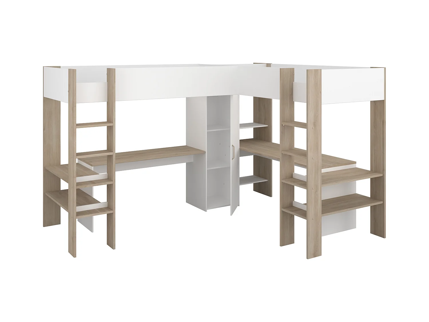 Letto matrimoniale angolare a soppalco 2x90x200 Con vani e scrivania Bianco e Naturale + Materasso  - LASCANO