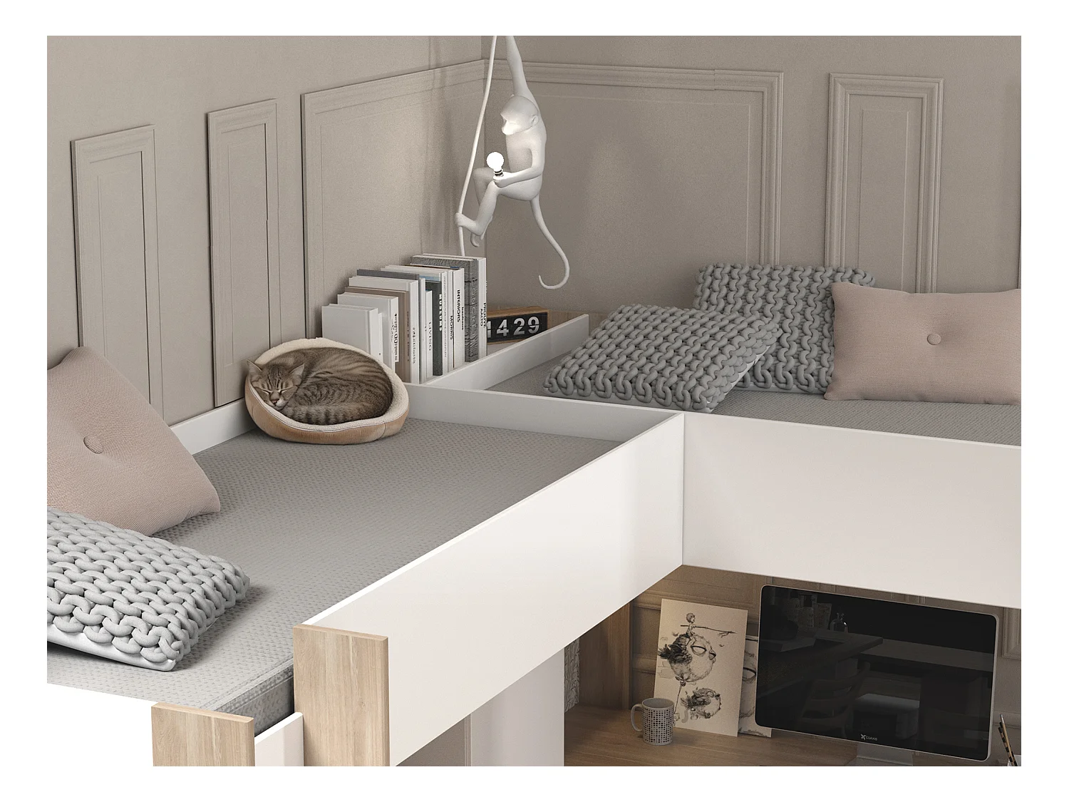 Letto matrimoniale angolare a soppalco 2x90x200 Con vani e scrivania Bianco e Naturale + Materasso  - LASCANO