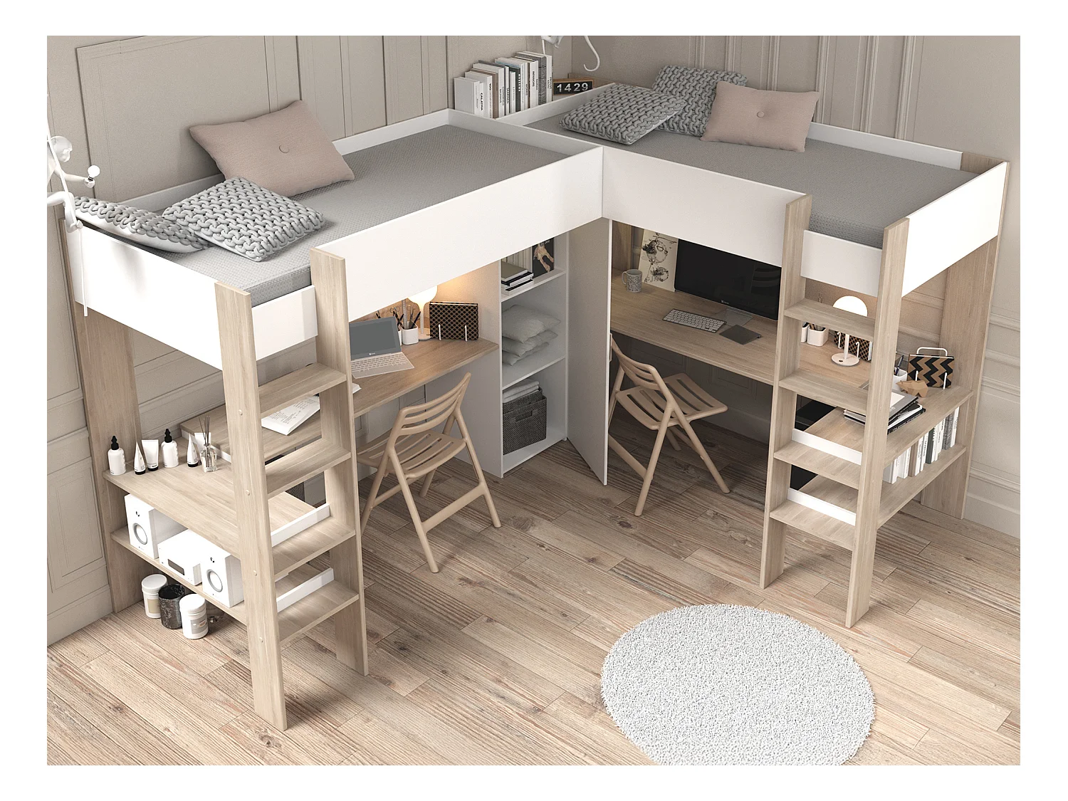 Letto matrimoniale angolare a soppalco 2x90x200 Con vani e scrivania Bianco e Naturale + Materasso  - LASCANO