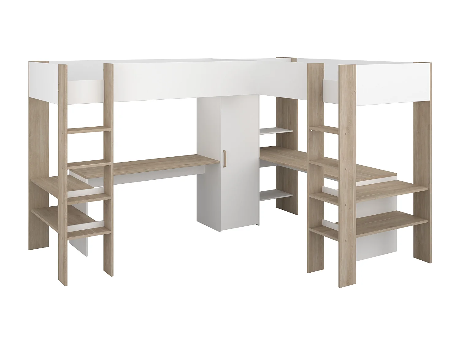 Letto matrimoniale angolare a soppalco 2x90x200 Con vani e scrivania Bianco e Naturale + Materasso  - LASCANO