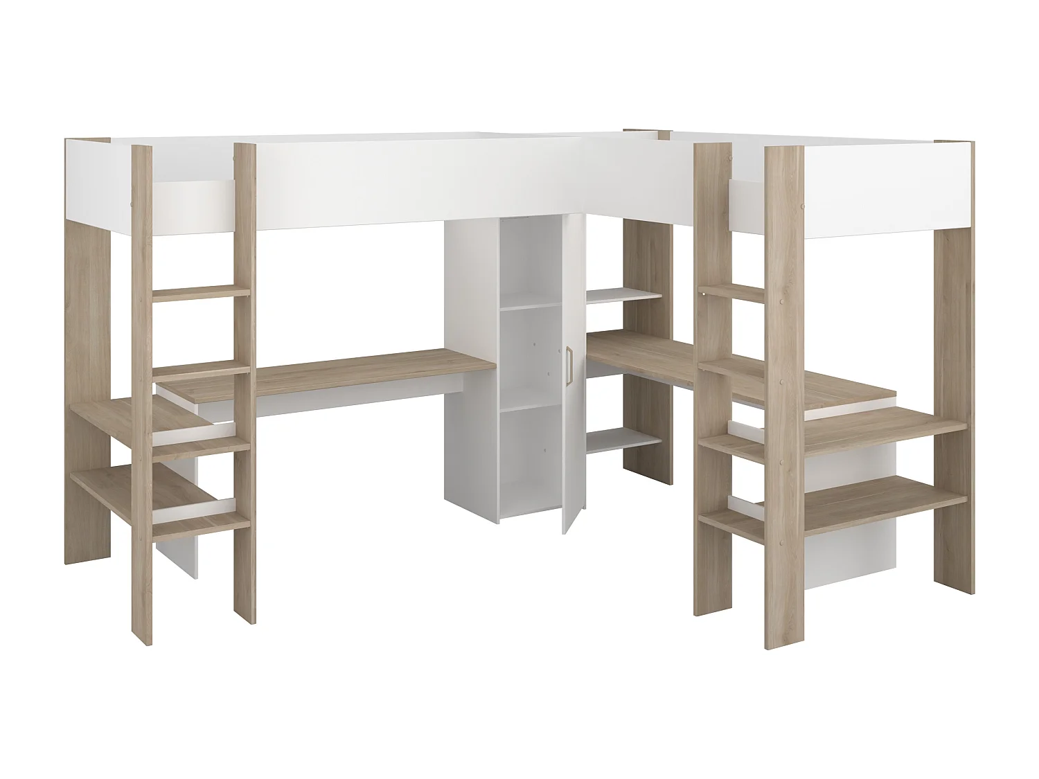 Letto matrimoniale angolare a soppalco 2x90x200 Con vani e scrivania Bianco e Naturale + Materasso  - LASCANO