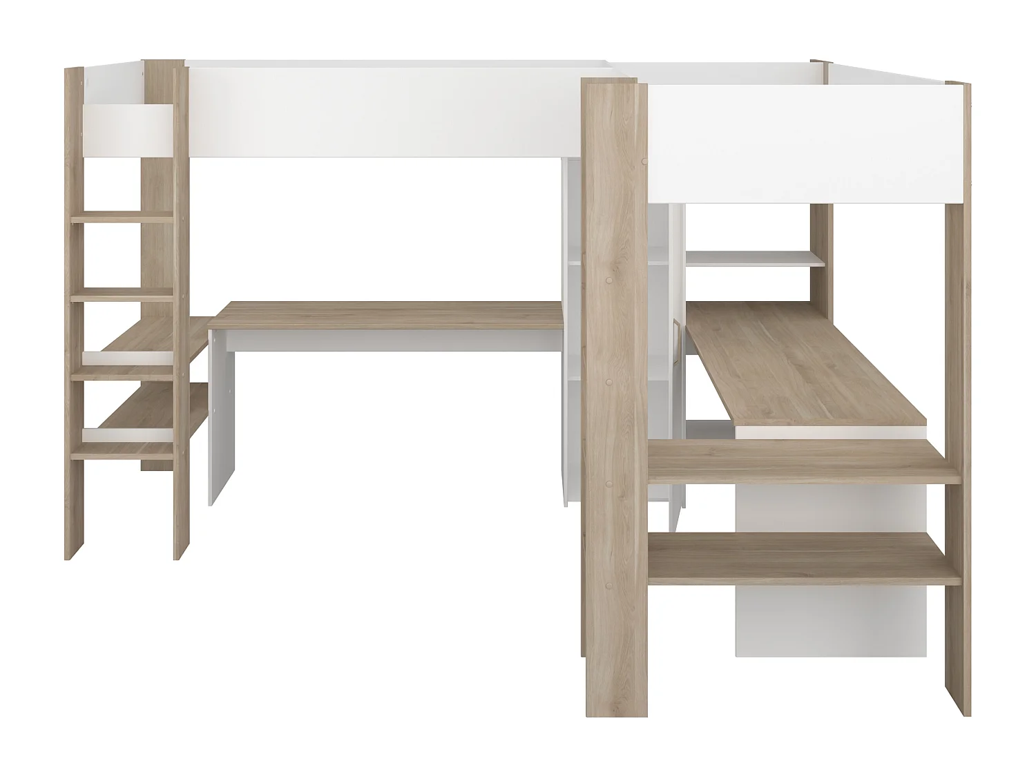 Letto matrimoniale angolare a soppalco 2x90x200 Con vani e scrivania Bianco e Naturale + Materasso  - LASCANO