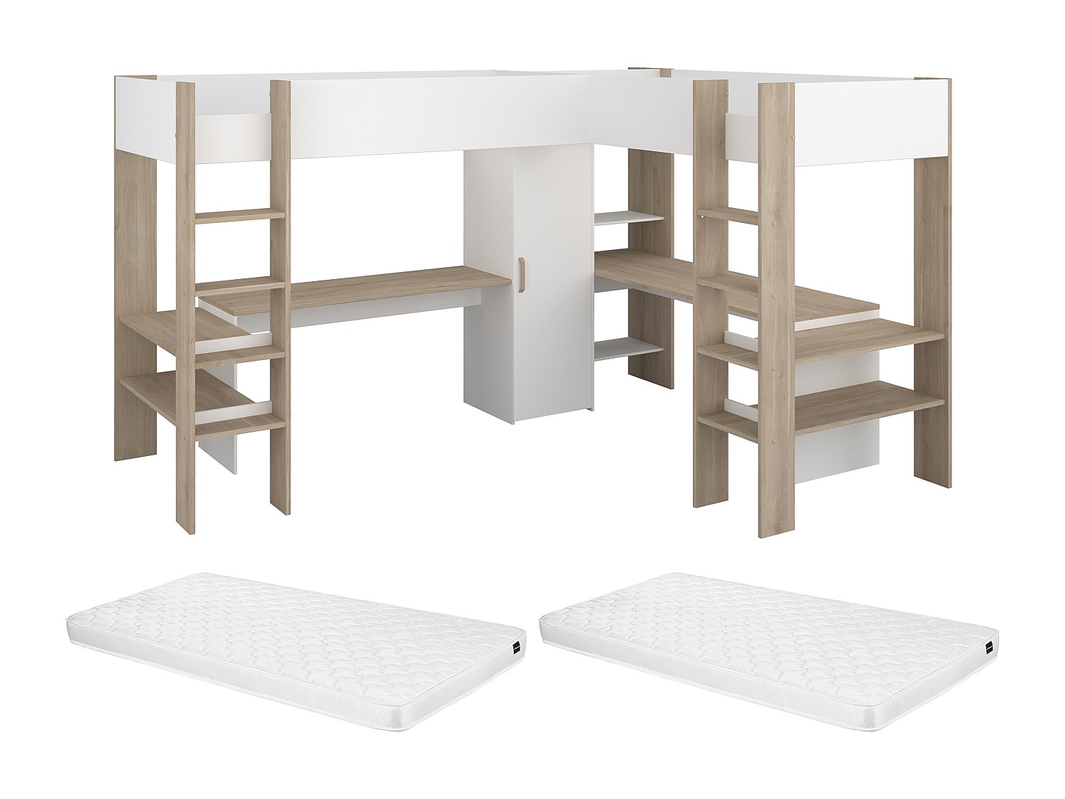 Doppel-Eckhochbett mit Stauraum & Schreibtisch + Matratze - 2 x 90 x 200 cm günstig online kaufen