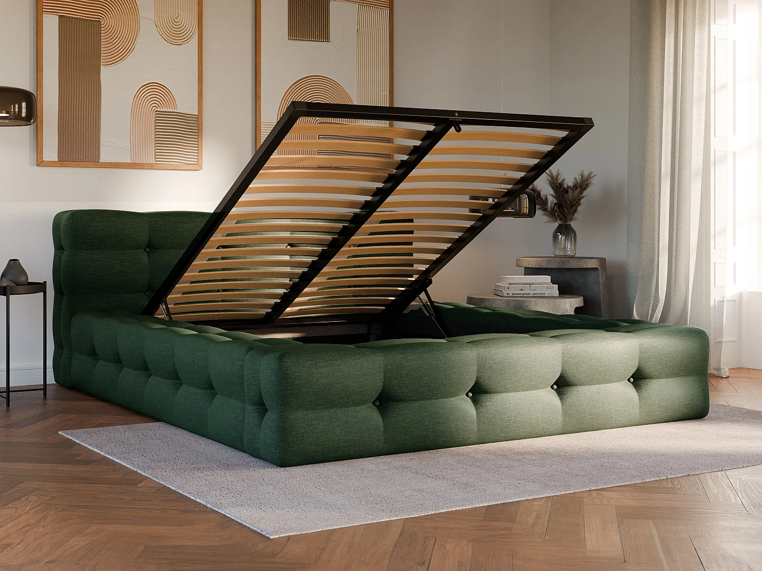 Lit coffre capitonné 140 x 190 cm - Tissu chiné - Vert sapin - LERUCO de Pascal Morabito