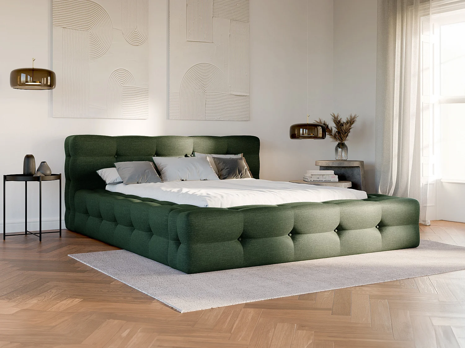 Lit coffre capitonné 140 x 190 cm - Tissu chiné - Vert sapin + Matelas - LERUCO de Pascal Morabito