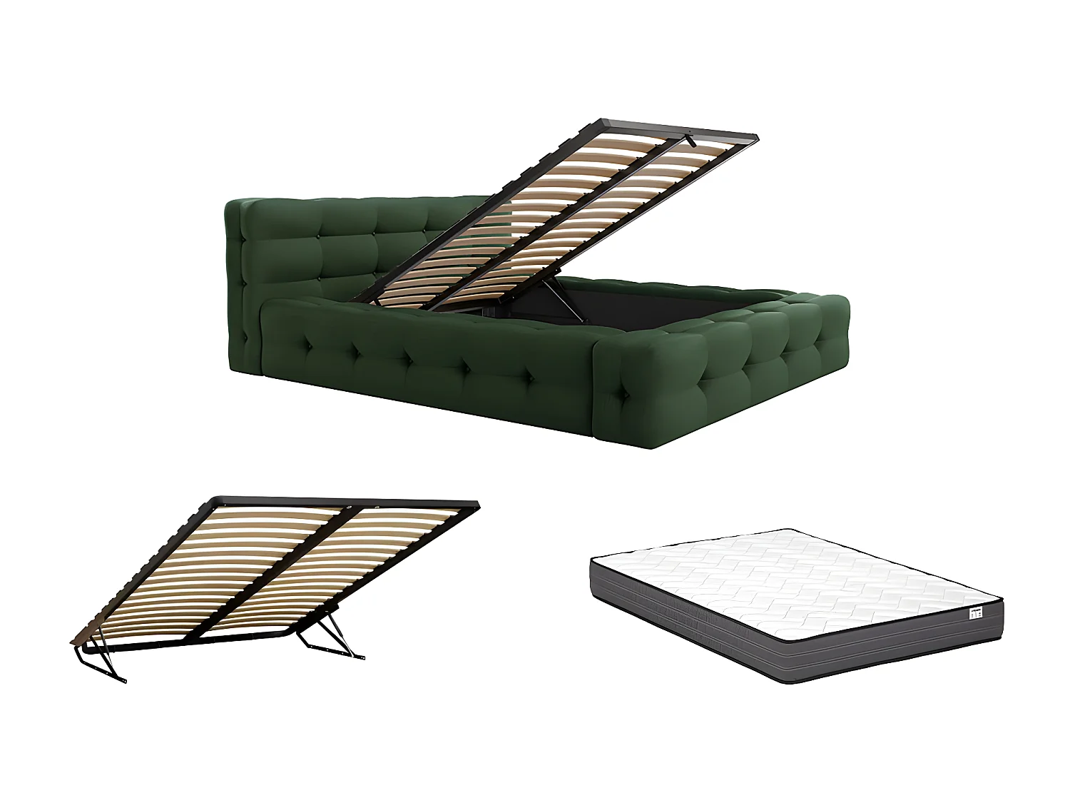 Lit coffre capitonné 140 x 190 cm - Tissu chiné - Vert sapin + Matelas - LERUCO de Pascal Morabito
