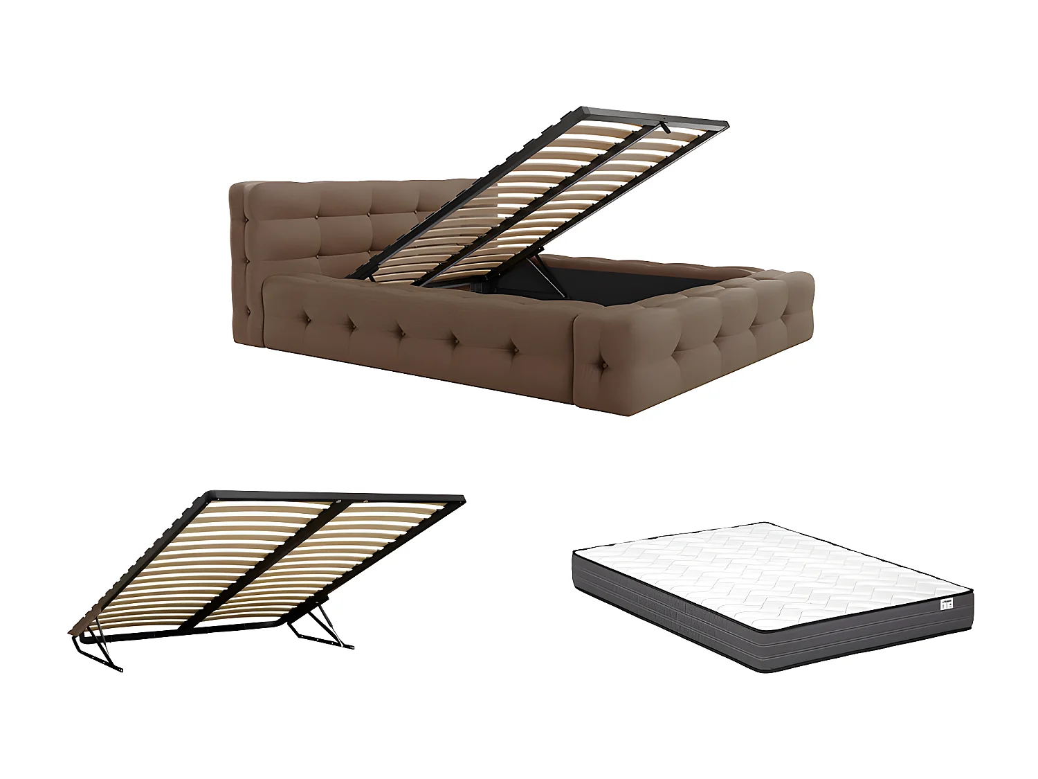 Lit coffre capitonné 160 x 200 cm - Tissu chiné - Taupe + Matelas - LERUCO de Pascal Morabito