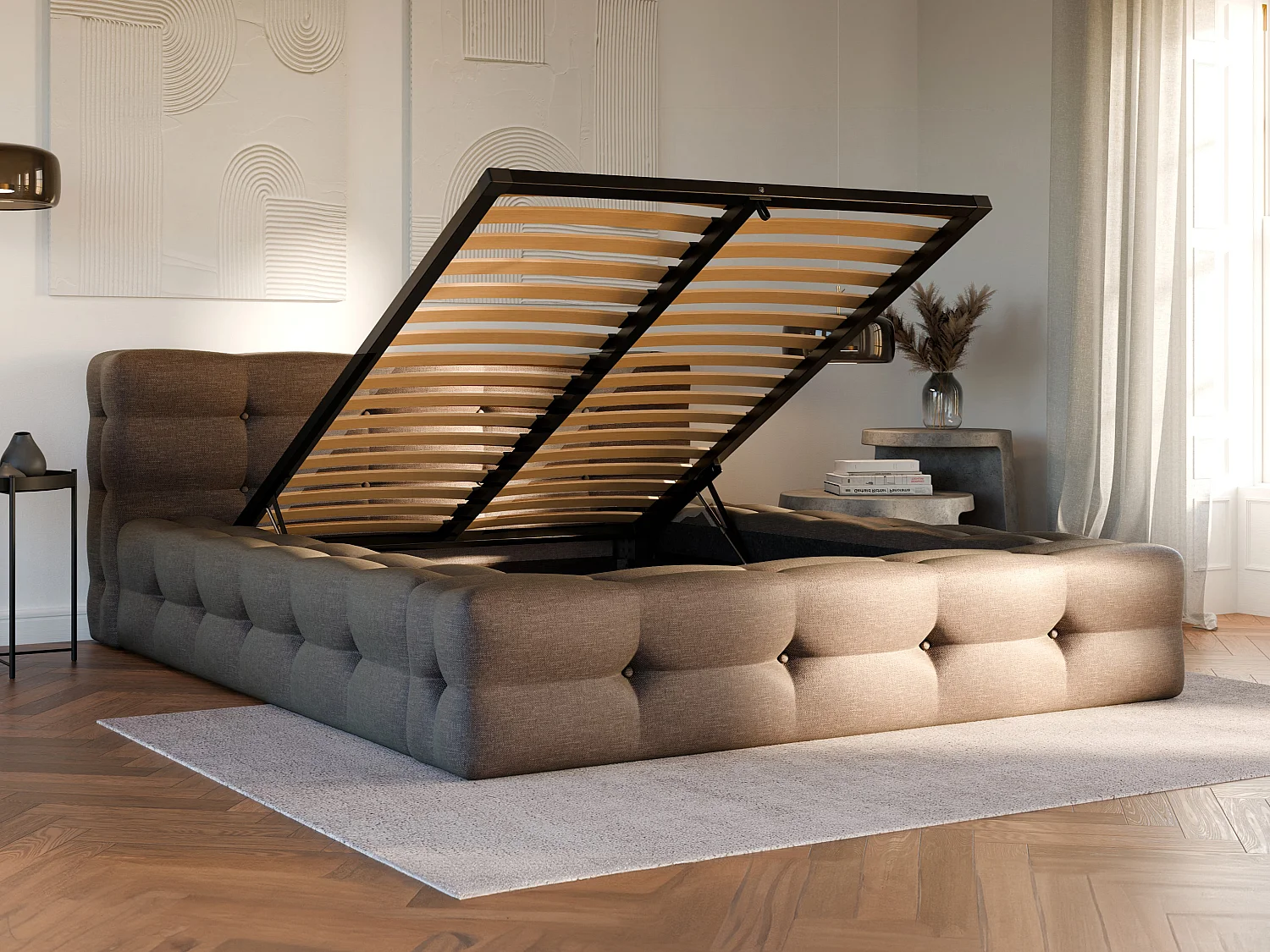 Lit coffre capitonné 160 x 200 cm - Tissu chiné - Taupe + Matelas - LERUCO de Pascal Morabito