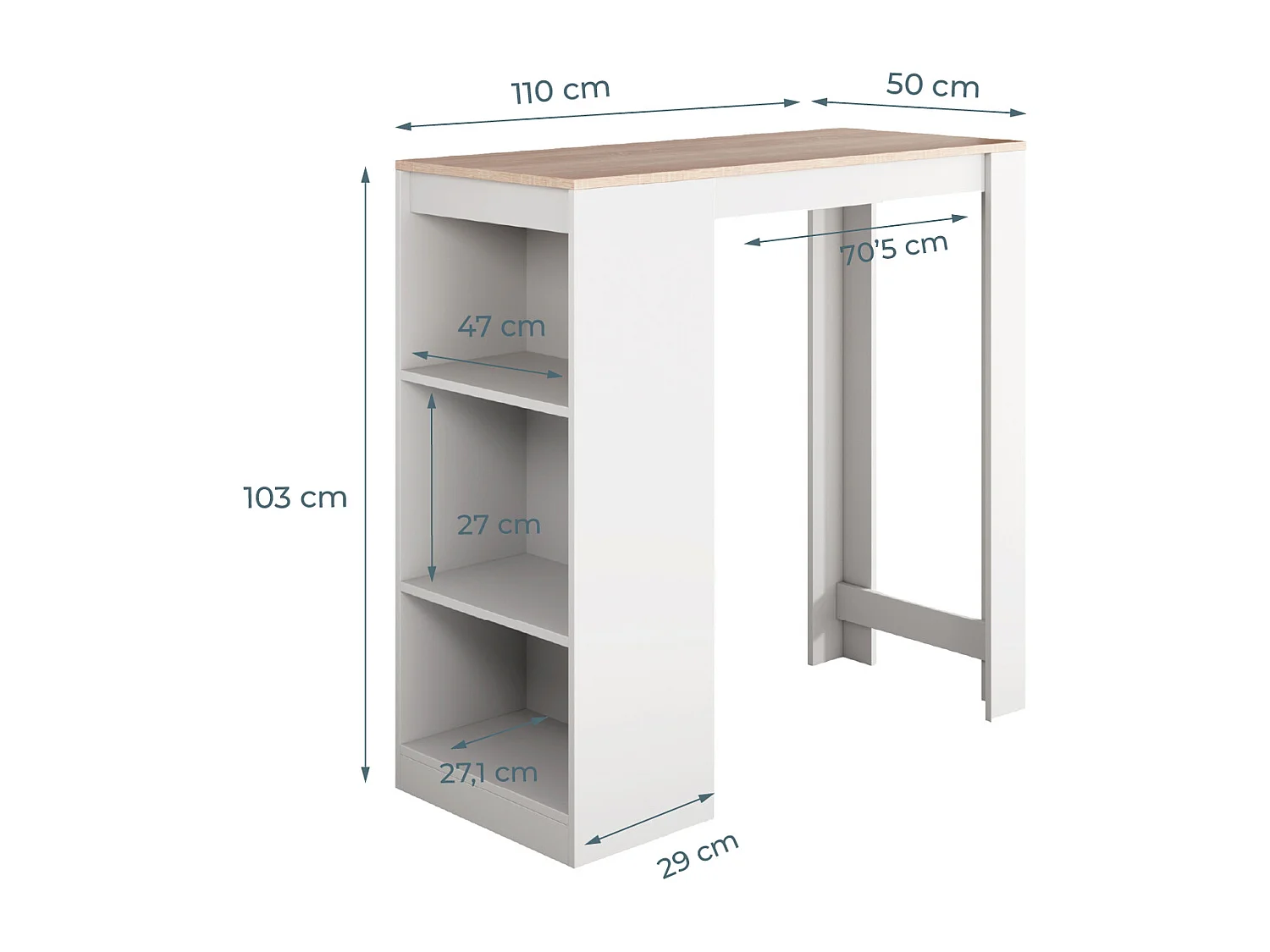 Table haute pour Cuisine Salle à manger en Blanc et Sonoma 110x50x103cm Kyra