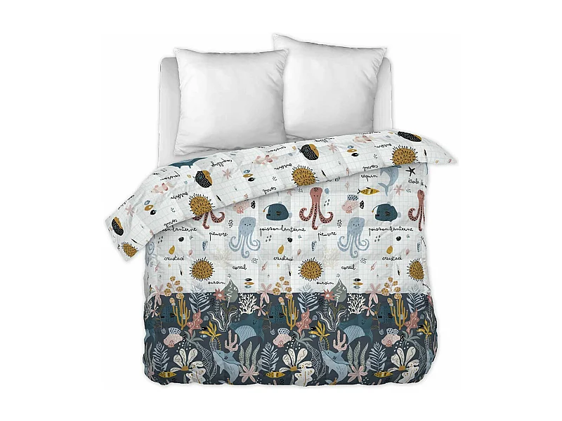 NEMO - Couette Imprimée Motifs Océan 240x220 cm + 2 Taies d'oreiller 60x60 cm