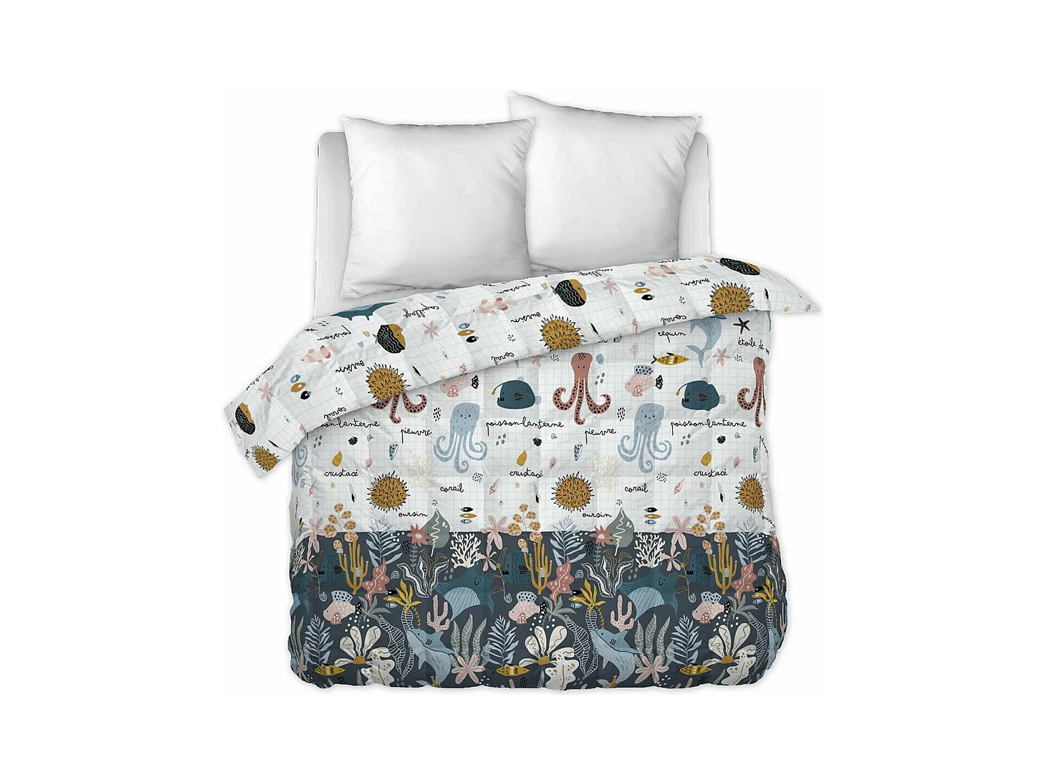 NEMO - Couette Imprimée Motifs Océan 240x220 cm + 2 Taies d'oreiller 60x60 cm