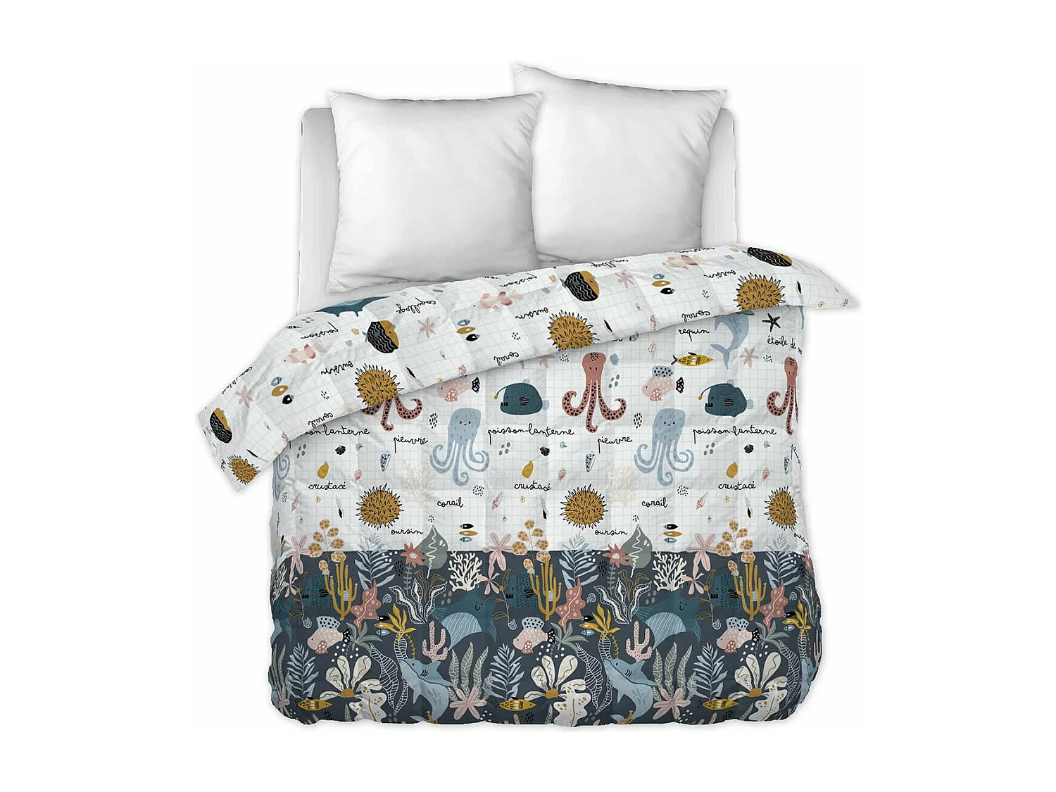 NEMO - Couette Imprimée Motifs Océan 240x220 cm + 2 Taies d'oreiller 60x60 cm