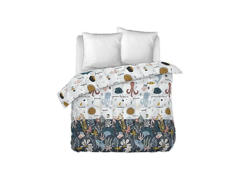 NEMO - Couette Imprimée Motifs Océan 260 x 240 cm + 2 Taies d'oreiller 60x60 cm