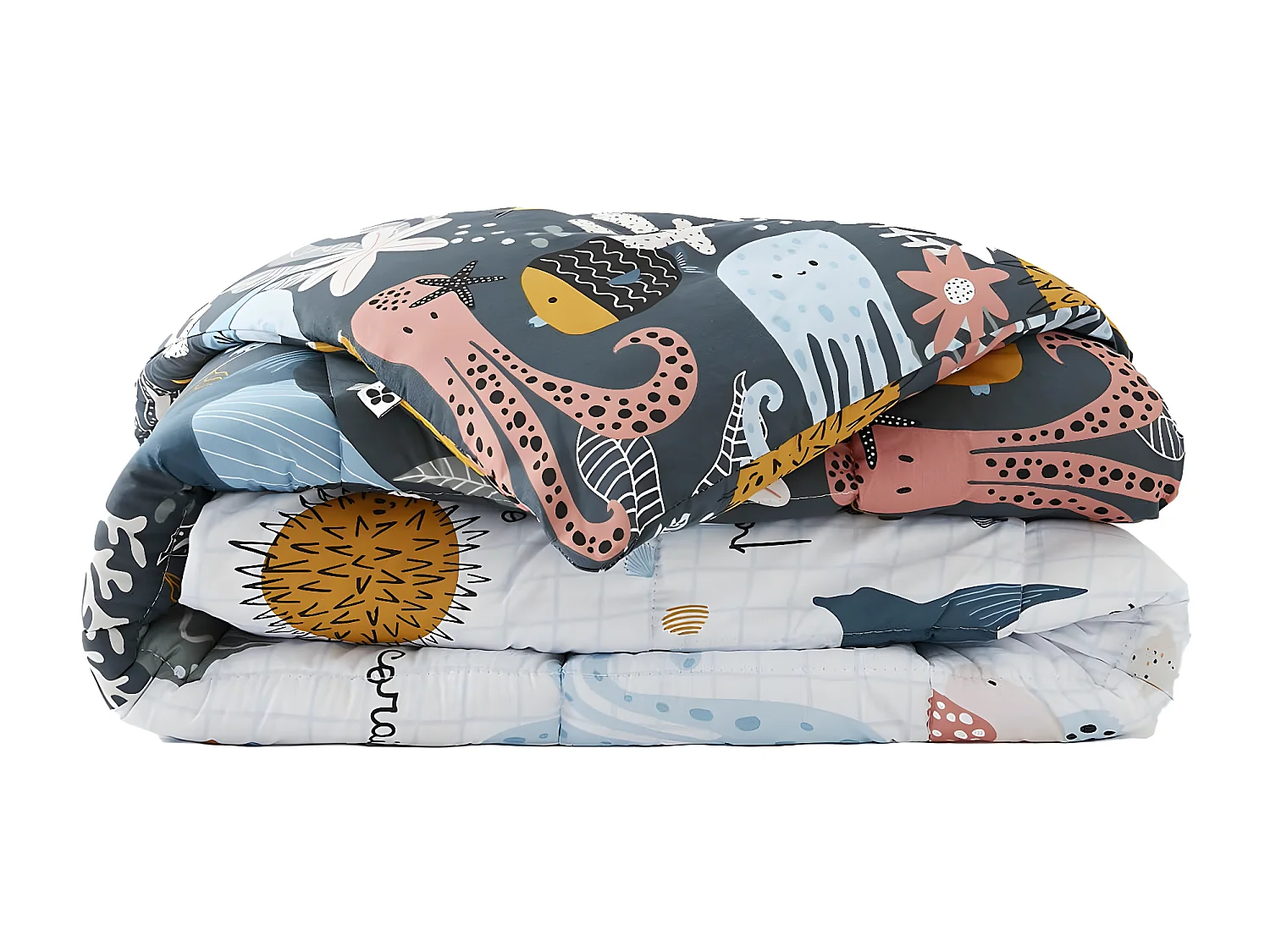 NEMO - Couette Imprimée Motifs Océan 260 x 240 cm + 2 Taies d'oreiller 60x60 cm