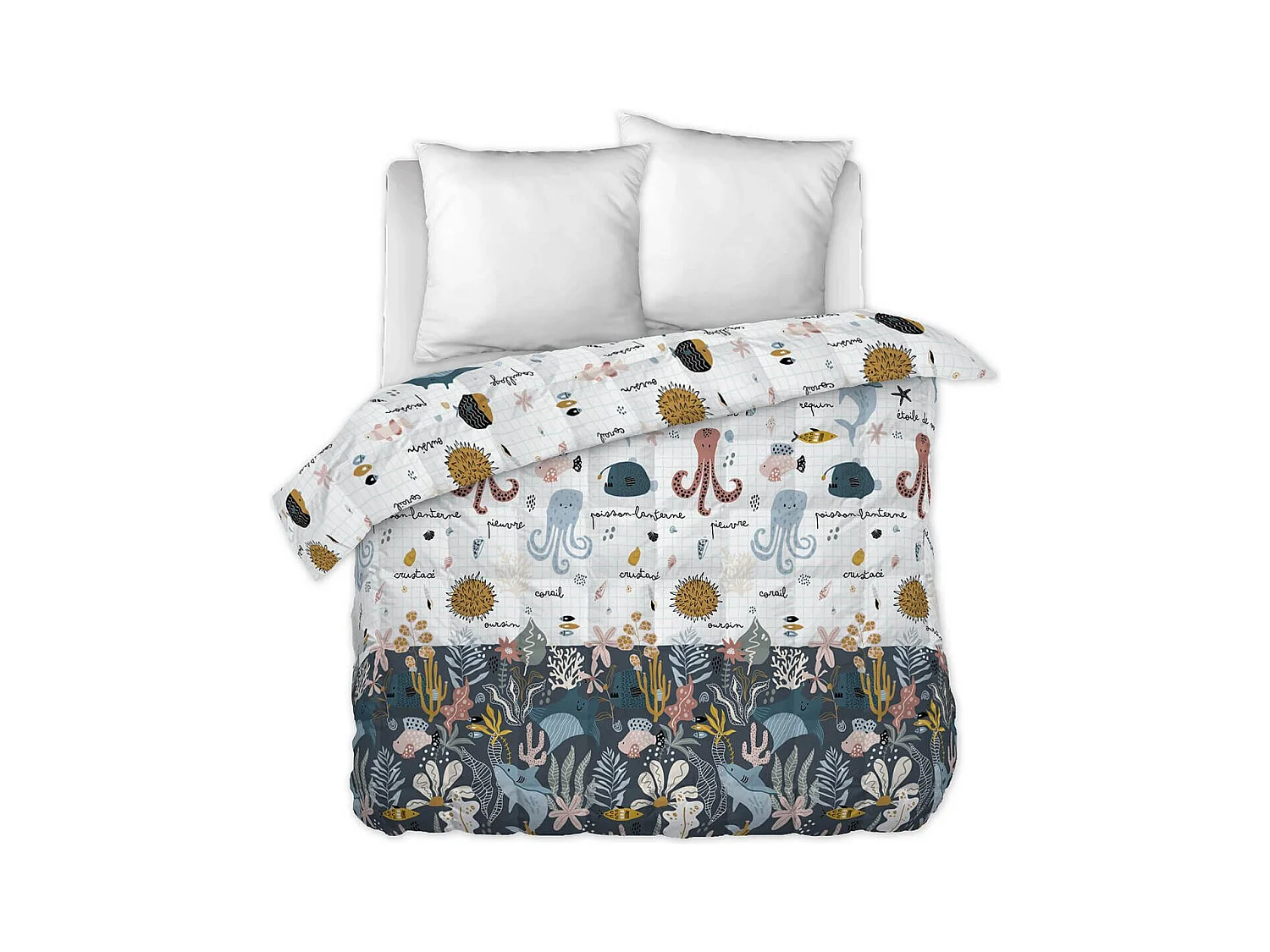 NEMO - Couette Imprimée Motifs Océan 260 x 240 cm + 2 Taies d'oreiller 60x60 cm
