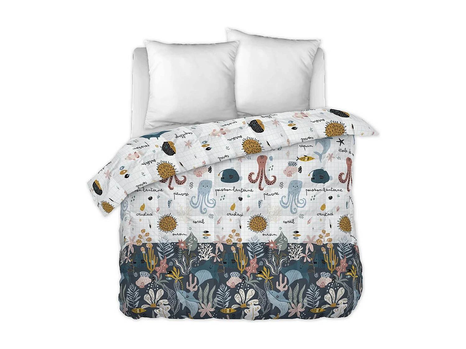 NEMO - Couette Imprimée Motifs Océan 260 x 240 cm + 2 Taies d'oreiller 60x60 cm