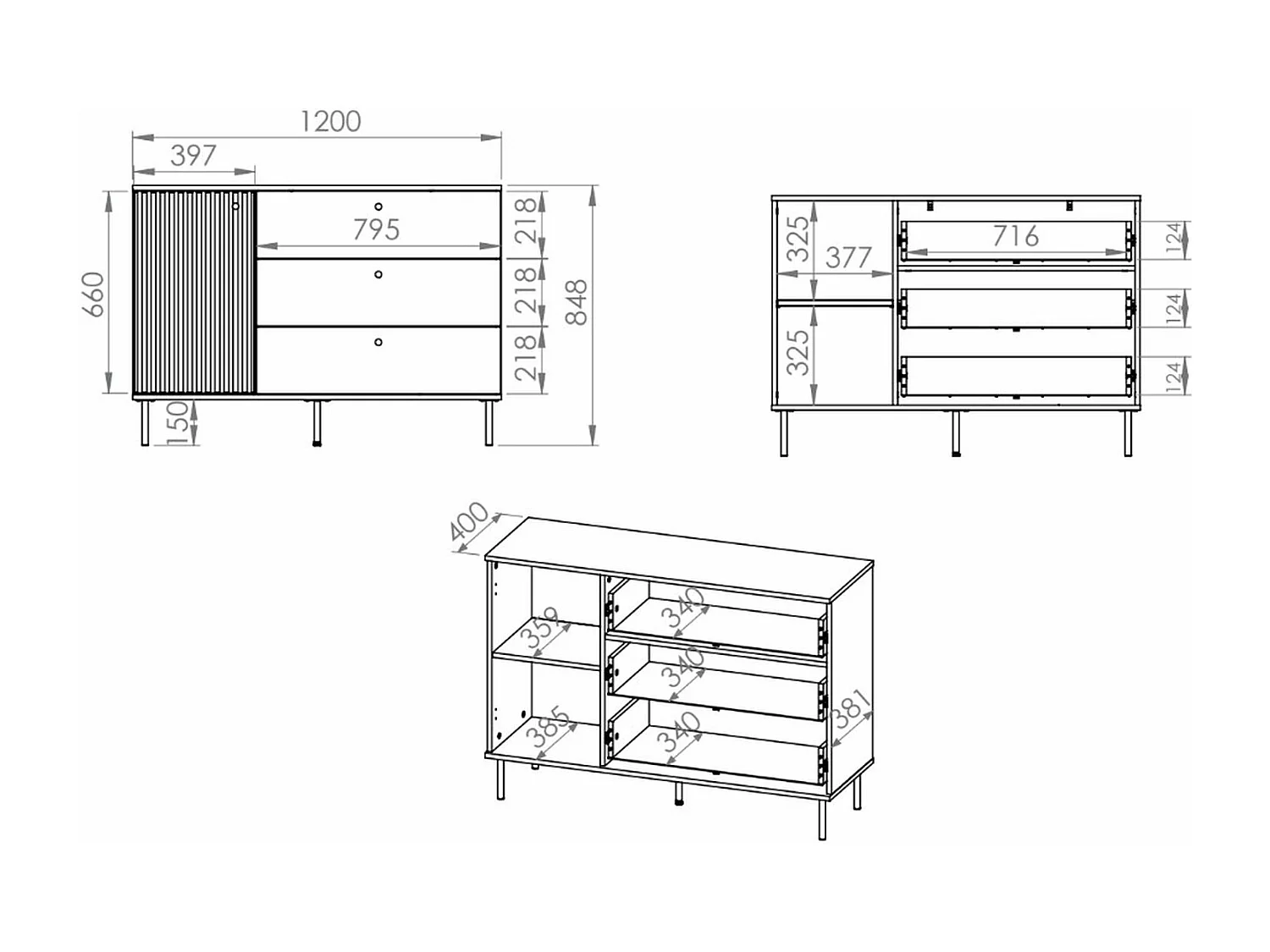 Buffet - 3 tiroirs - 120 cm - beige - CALETTO