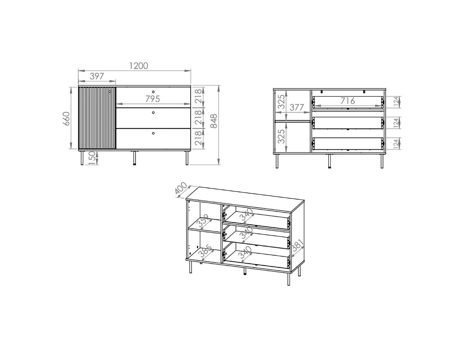 Buffet - 3 tiroirs - 120 cm - beige - CALETTO