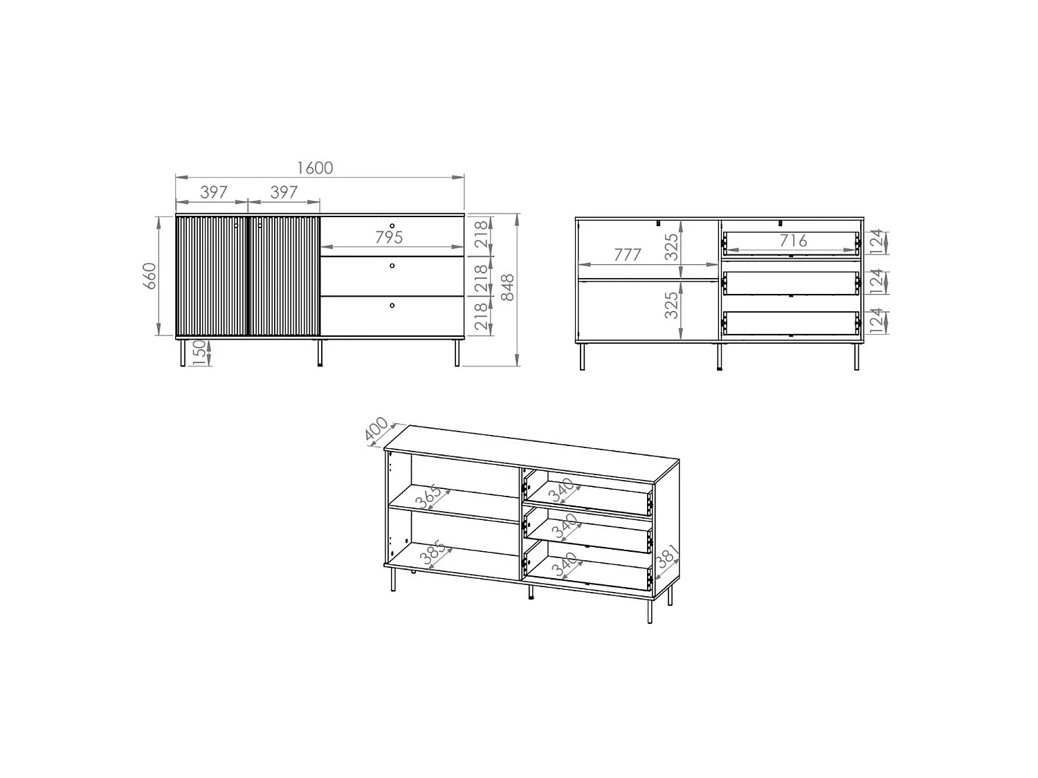 Buffet 2 portes - 3 tiroirs - 160 cm - beige - CALETTO