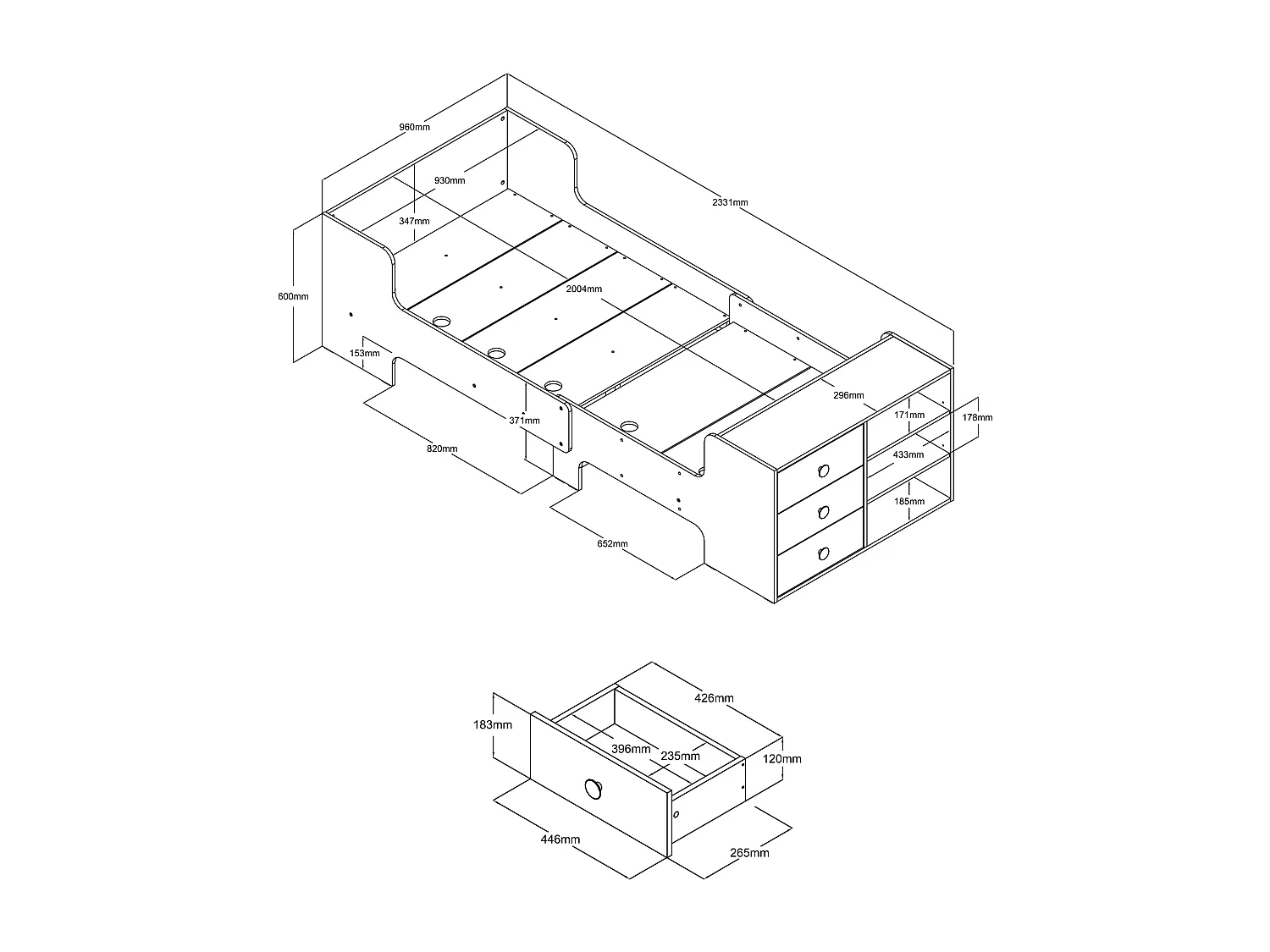 Mitwachsendes Bett mit Stauraum + Matratze - 90 x 140/170/200 cm - Holzfarben & Weiß - GAROLIO