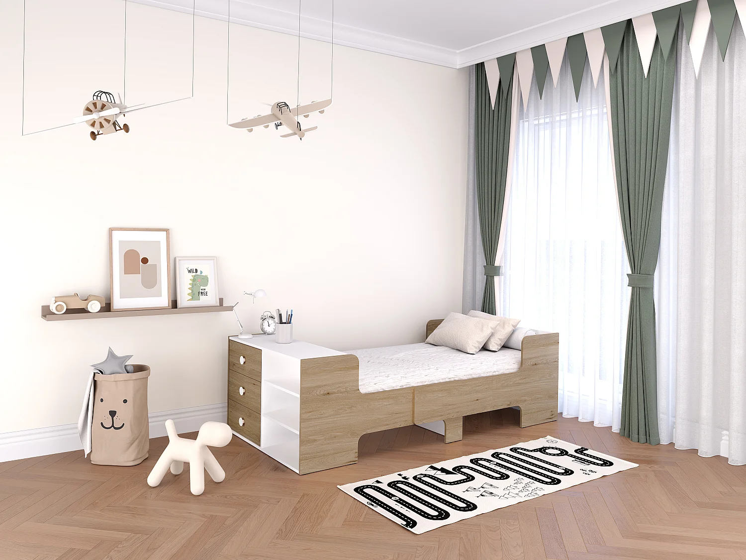 Mitwachsendes Bett mit Stauraum + Matratze - 90 x 140/170/200 cm - Holzfarben & Weiß - GAROLIO