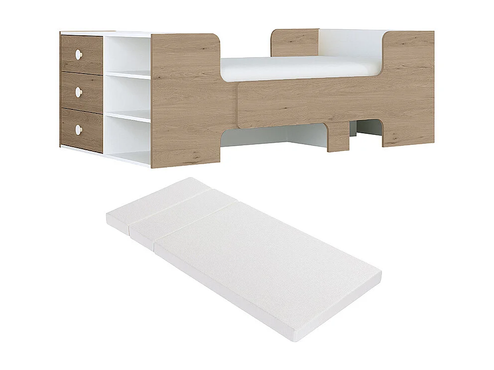 Mitwachsendes Bett mit Stauraum + Matratze - 90 x 140/170/200 cm - Holzfarben & Weiß - GAROLIO