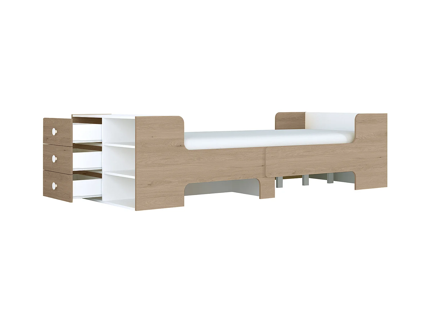 Mitwachsendes Bett mit Stauraum + Matratze - 90 x 140/170/200 cm - Holzfarben & Weiß - GAROLIO