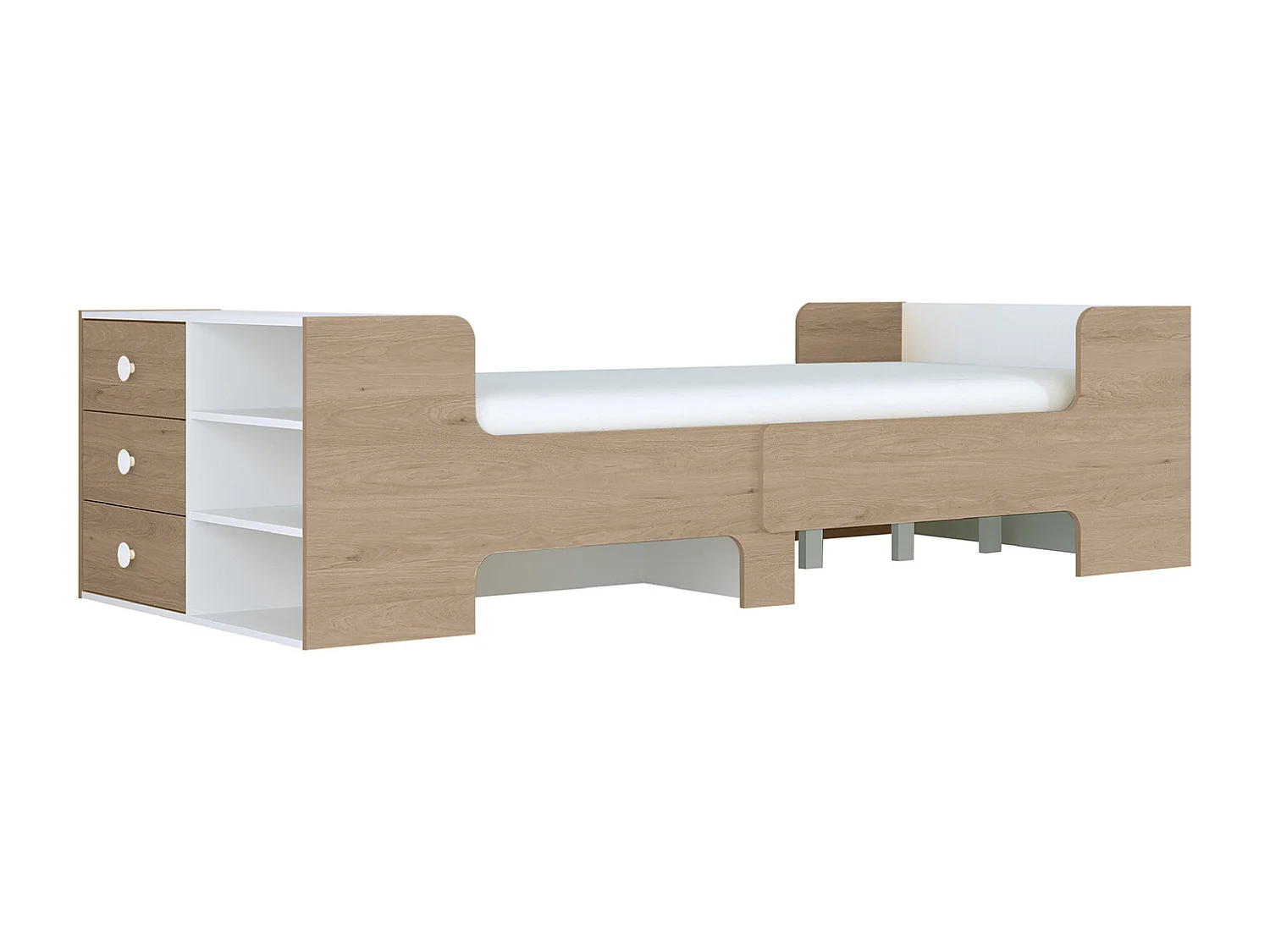 Mitwachsendes Bett mit Stauraum + Matratze - 90 x 140/170/200 cm - Holzfarben & Weiß - GAROLIO