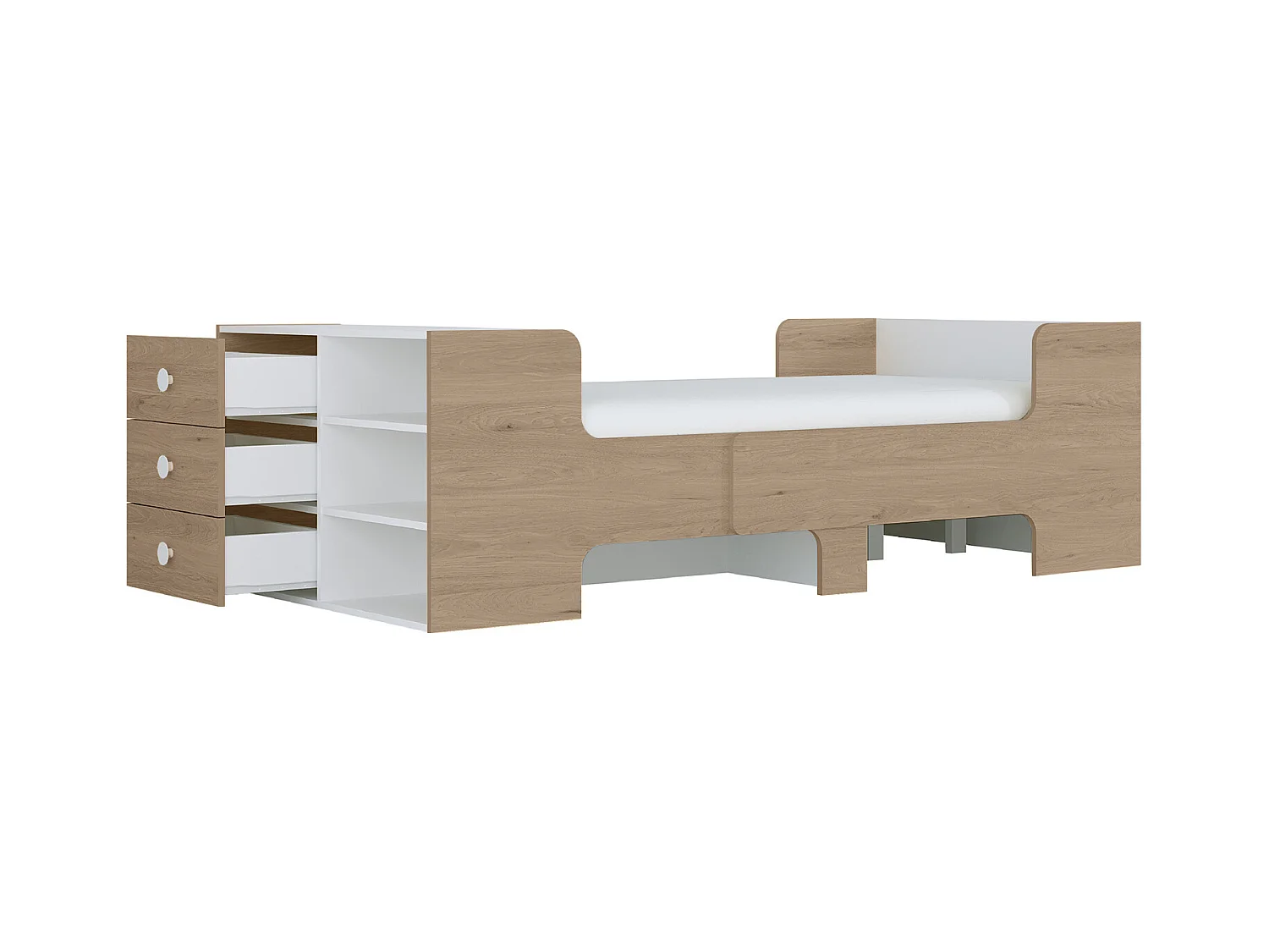 Mitwachsendes Bett mit Stauraum + Matratze - 90 x 140/170/200 cm - Holzfarben & Weiß - GAROLIO