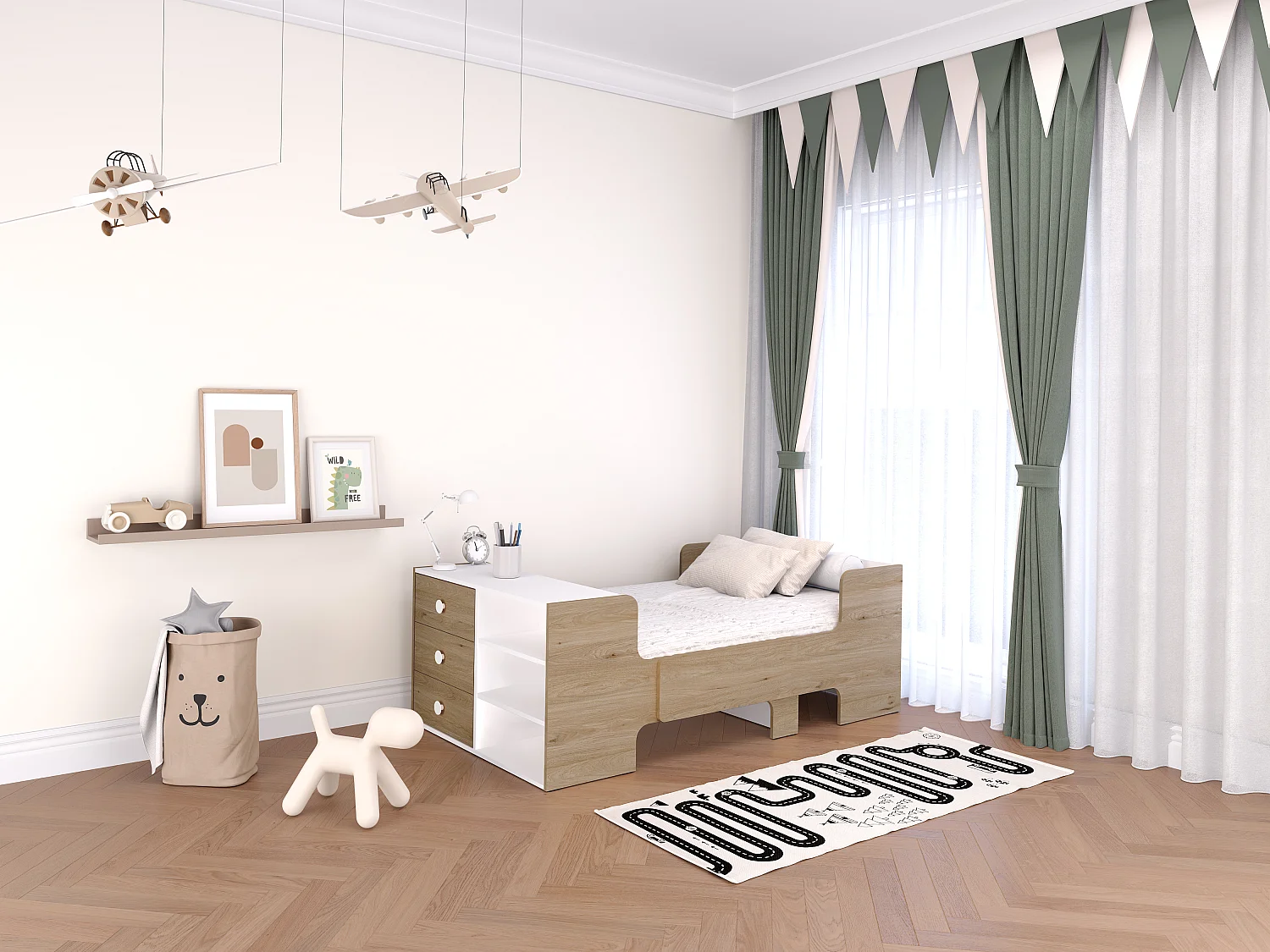 Mitwachsendes Bett mit Stauraum + Matratze - 90 x 140/170/200 cm - Holzfarben & Weiß - GAROLIO