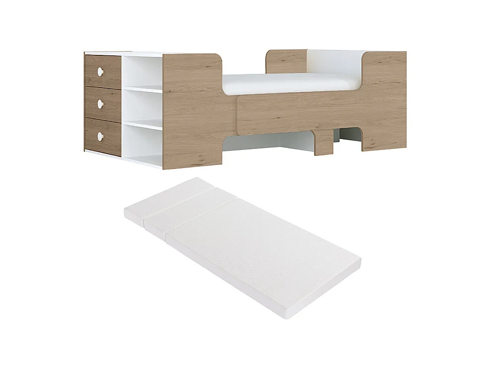 Cama evolutiva 90 x 140/170/200 cm con almacenamiento - Color: Natural y blanco + Colchón - GAROLIO
