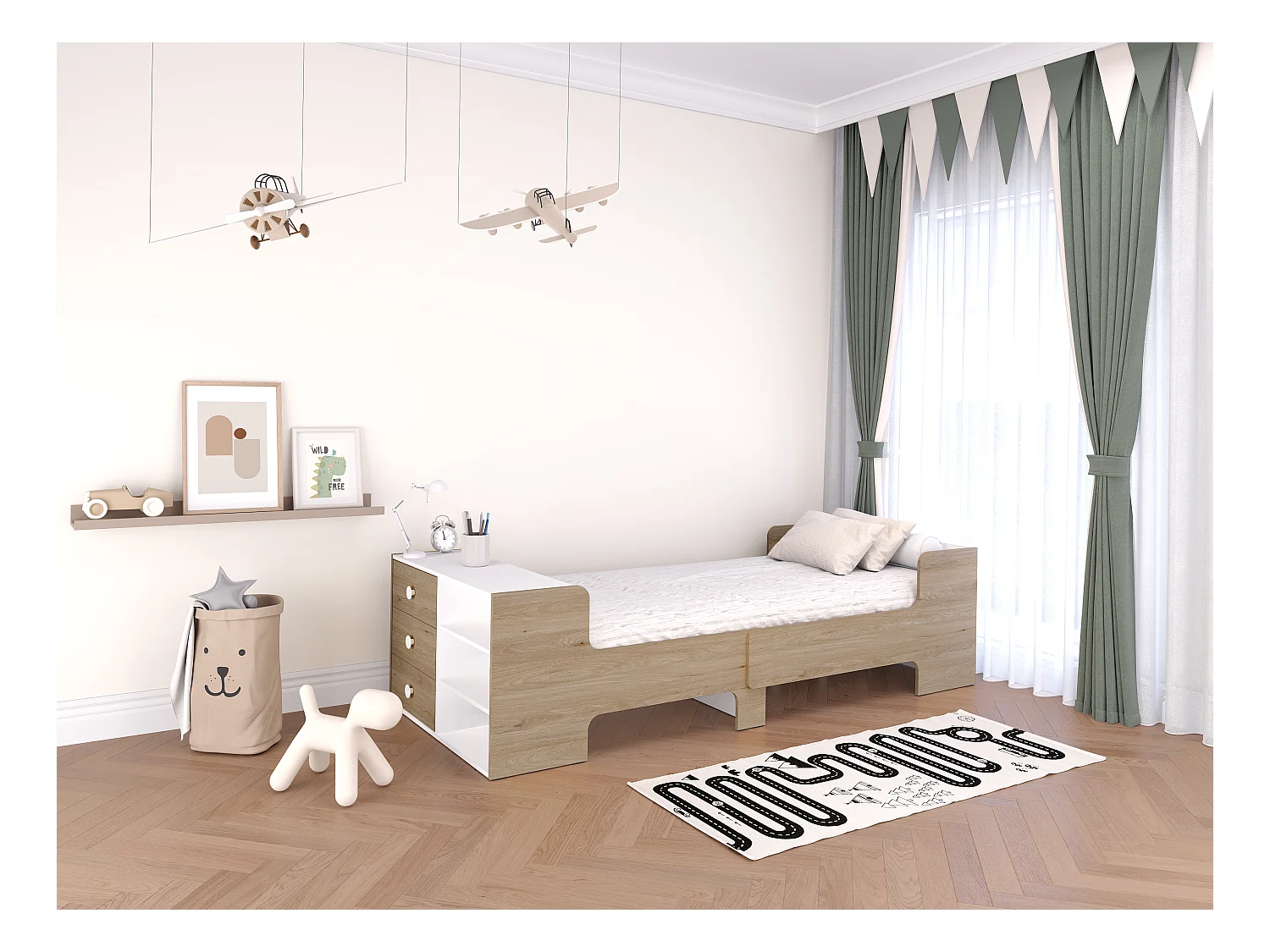 Cama evolutiva 90 x 140/170/200 cm con almacenamiento - Color: Natural y blanco + Colchón - GAROLIO