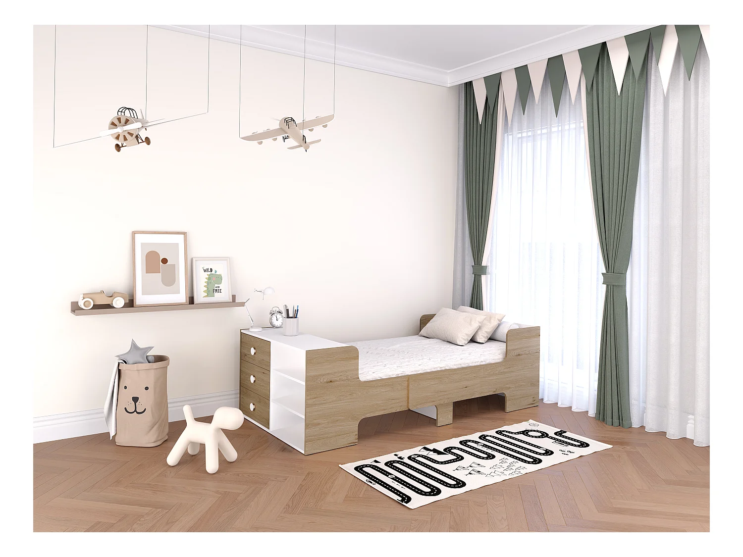 Cama evolutiva 90 x 140/170/200 cm con almacenamiento - Color: Natural y blanco + Colchón - GAROLIO