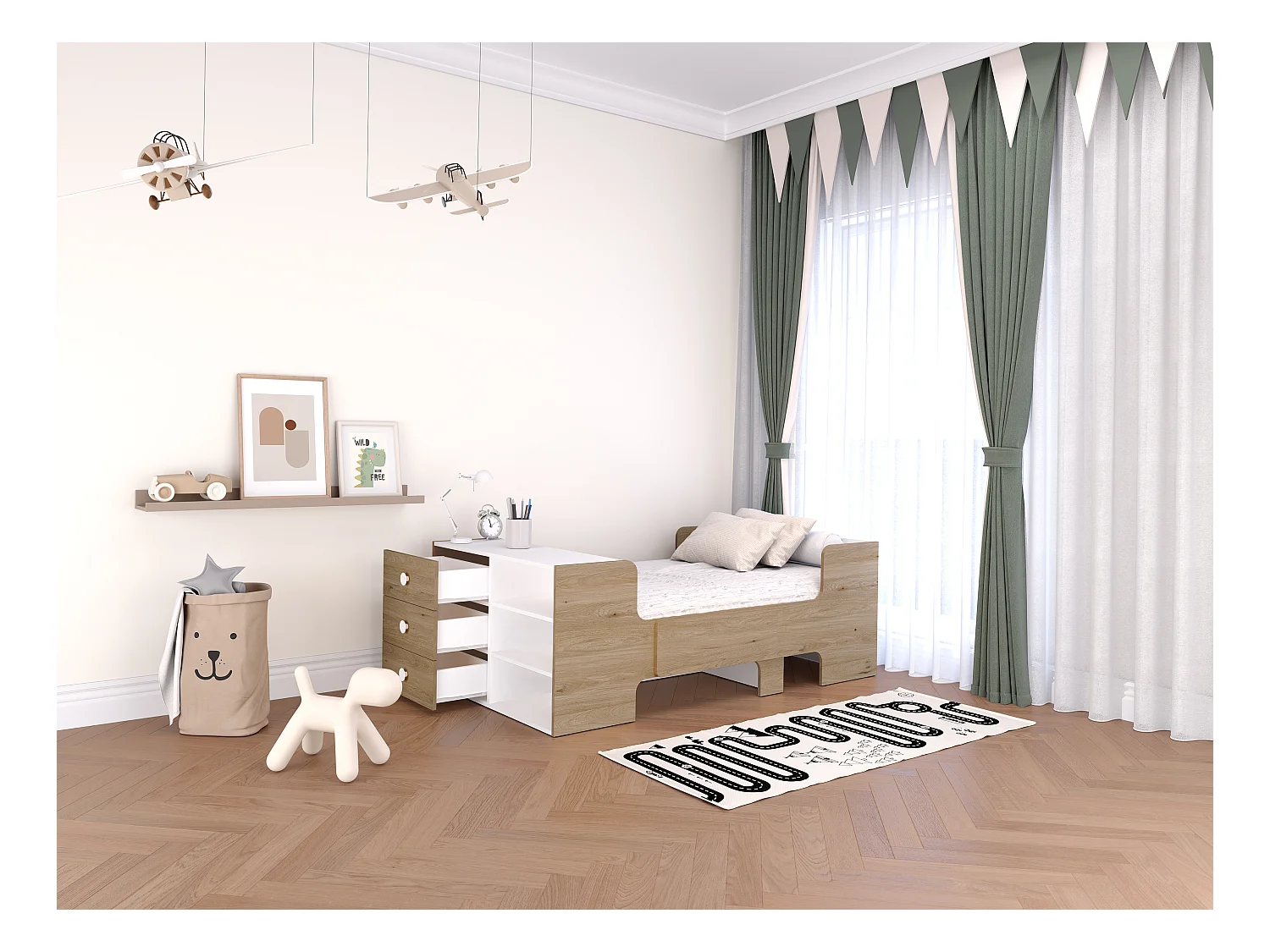 Cama evolutiva 90 x 140/170/200 cm con almacenamiento - Color: Natural y blanco + Colchón - GAROLIO