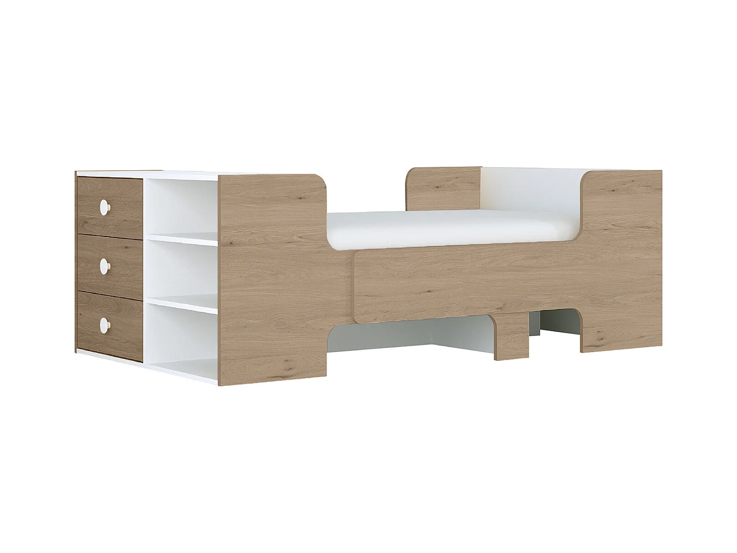 Cama evolutiva 90 x 140/170/200 cm con almacenamiento - Color: Natural y blanco + Colchón - GAROLIO