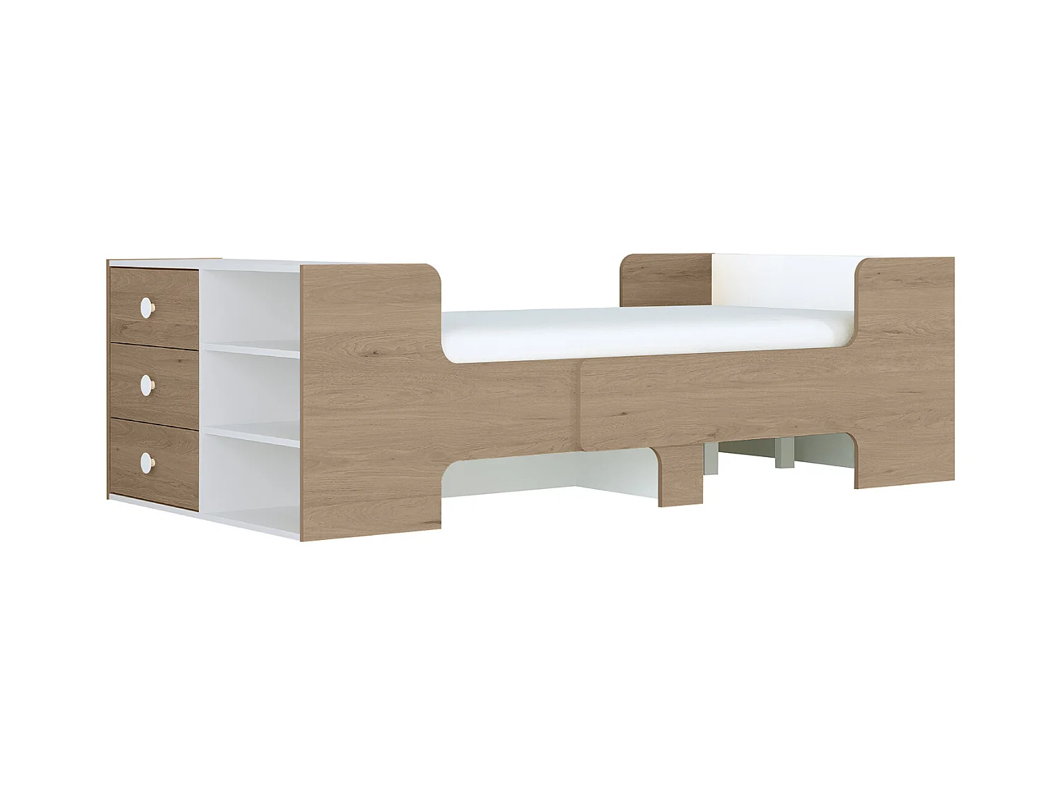 Cama evolutiva 90 x 140/170/200 cm con almacenamiento - Color: Natural y blanco + Colchón - GAROLIO