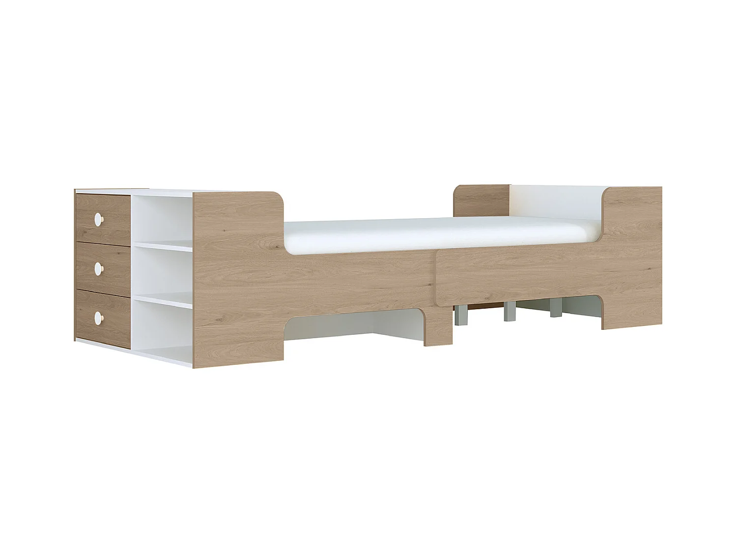 Cama evolutiva 90 x 140/170/200 cm con almacenamiento - Color: Natural y blanco + Colchón - GAROLIO